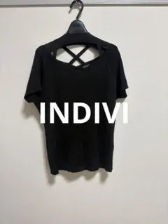 INDIVI リブ編み クロスストラップ 半袖トップス大きいサイズ48