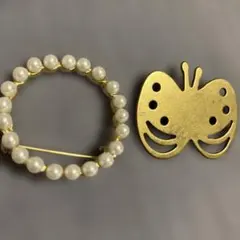 パールとゴールドの蝶型ブローチ　セット