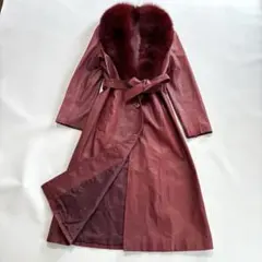 ヴィンテージ レザーロングコート 羊革 フォックスファー Mサイズ 腰ベルト