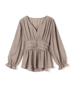 b-44【タグ付き　ウエストマーク裾フレアブラウス　グレージュ　M GRL】