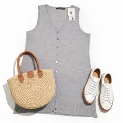 新品タグ付 マドモアゼルノンノン ウール100% ロングニットベスト L グレー