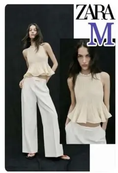 ZARA リブニットペプラムトップス　Mサイズ 完売品⭐︎ZARA リブニットペプラムトップス M エクリュ - メルカリ