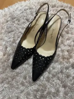 かねまつブラックレザースリングバックパンプス24センチ