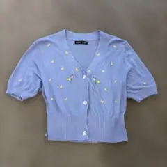 SHEIN 小花　刺繍　ショート丈　カーディガン　ボレロ　ラベンダー　Mのサムネイル