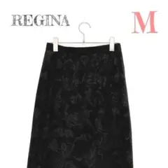 【REGINA】キング スウェード調 スカート 黒 M 同色プリント 花 華やか