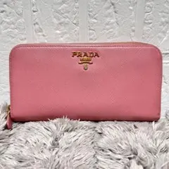 良品✨PRADA 大きめロゴ ラウンドファスナー　サフィアーノ　ピンク　長財布