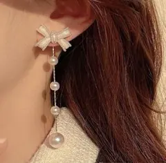 【即日～翌日発送】2way　リボンピアス　ゴールド　上品　パール　揺れる　*d4