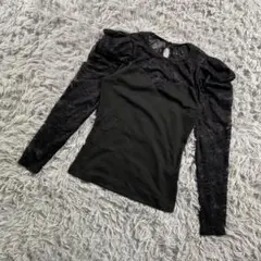 SHEIN レース切替 パフスリーブ カットソー 長袖 ブラック S