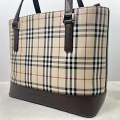 美品 希少 バーバリー ハンドバッグ ノバチェック レザー キャンバス ブラウン