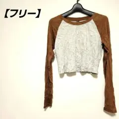 ブラウン グレー クロップド長袖Tシャツ【フリー】レディーストップス
