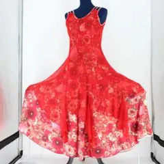 【美品 社交ダンス衣装】ワンピース ドレス レッド 白 ホワイト 目立つ 可愛い