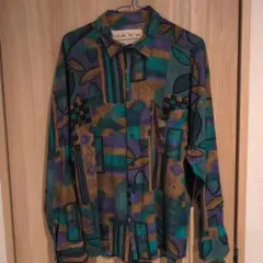 80s 90s USA製 古着 オールド 総柄 幾何学 長袖シャツ レーヨン