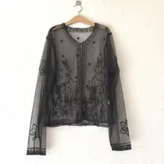 レトロシースルーネットレースビーズ刺繍シアーレースカーディガン黒vintageのサムネイル