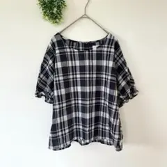 ディスコート［M］美品◎大人ナチュラル◎フリル袖◎チェック柄コットンブラウスのサムネイル