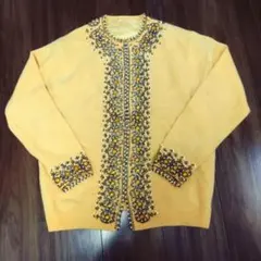 ヴィンテージ ニットビーズ刺繍カーディガン イエロー サイズ38(M)