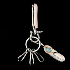 真鍮&ステンレス　シルバーブラス　ターコイズフェザー　キーホルダー　 キーフック