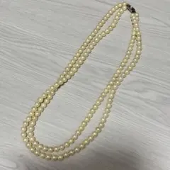 2連 パールロングネックレス シルバー 留め具 花モチーフ