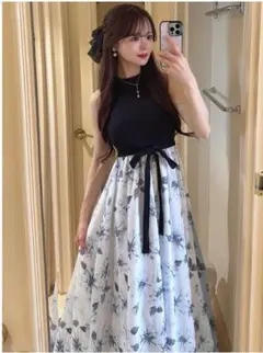 GRL/グレイル　リボンベルト付き花柄ノースリーブフレアワンピース[tu812]