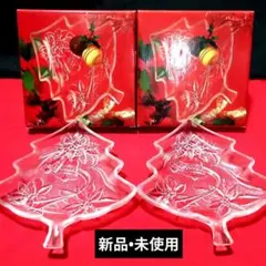 クリスマスツリー型ガラスプレート2枚セット［新品·未使用]