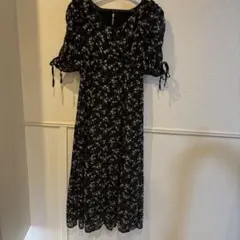 フラワープリント パフスリーブ ロングドレス