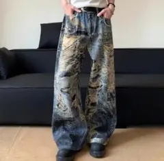 韓国 デニムパンツ ワイドパンツ プリントデニム ダメージ ストリート