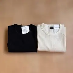 ワークマン　ふんわりワッフルサーマル長袖クルーネック M ブラックホワイト2枚組