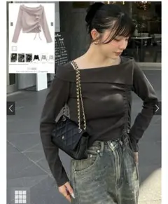 オフショルドロストテレコトップス　GRL