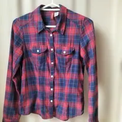 H&M チェック柄 長袖シャツ レッド×ネイビー