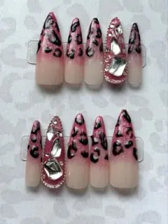 ネイル ギャル ピンクラメ ラメグラデ ヒョウ柄 うめつくし