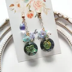 モリス 青 ブルー 薔薇 リトルウッズ レジン ローレット チェーン ピアス