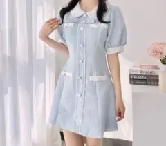 ワンピース スカイブルー 半袖 令嬢風 韓国 参戦服 ミニワンピース ガーリー