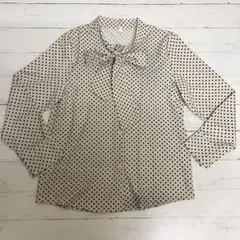 新品 ボウタイブラウス ドット柄 ベージュ Mサイズ 春秋 長袖 裏地付 リボン