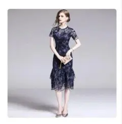 ネイビー レース パーティードレス 半袖 膝丈