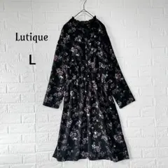 ルティーク しまむら 長袖ワンピース ウエストゴム 花柄 総柄 黒 L