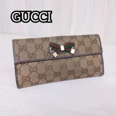 GUCCI グッチ GGキャンバス 長財布 ベージュ シェリーライン リボン