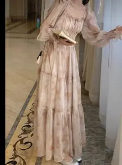 フローラルプリント 長袖マキシワンピース