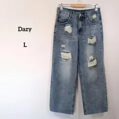 Dazy ダメージデニムワイドパンツLブルー加工カジュアル