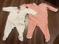 プチバトー　ロンパース2枚セット 3M60cm 白/6M67cmピンクの水玉