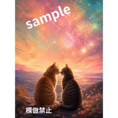 富士山を見つめる猫たち 水彩画風 デジタルアート キジトラ 茶トラ A4
