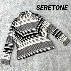 【SERETONE】タートルネック長袖Tシャツ ボーダー 黒ベージュ 薄手