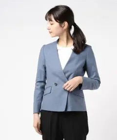 J230ユナイテッドアローズノーカラージャケットダブルブルー青無地ウール36Sのサムネイル