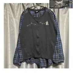 【希少】わちふぃーるど ダヤン 刺繍 チェック切替 カーディガン M 猫 羽織