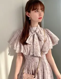 GRL tt007 花柄フリルスリーブボウタイフレアワンピース