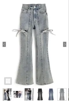 サイドカットアウトリボンフレアデニムパンツ［cu578］