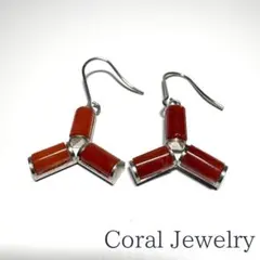 楽*み様 天然赤珊瑚のモダンデザインピアス（サージカルステンレスフック）