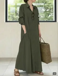 SHEIN 長袖　ロングワンピース　シャツワンピース　新品　未着用　モスグリーン