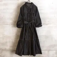 &LOVEデニムシャツワンピース ロング丈 ボリューム袖 ウエストリボンのサムネイル