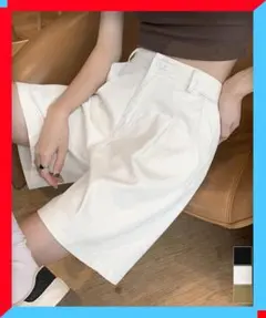 新品 レディース ベルト付きショートパンツ タック入り 夏服 スラックス 短パン