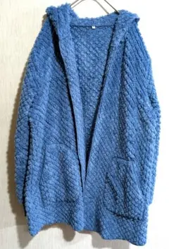 海外古着✨フリースフードカーディガン 【L】 ブルー