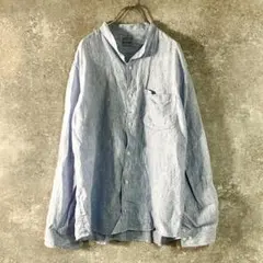 無印良品　リネンシャツ　長袖　ブルー　ストライプ　麻100%　バンドカラーのサムネイル